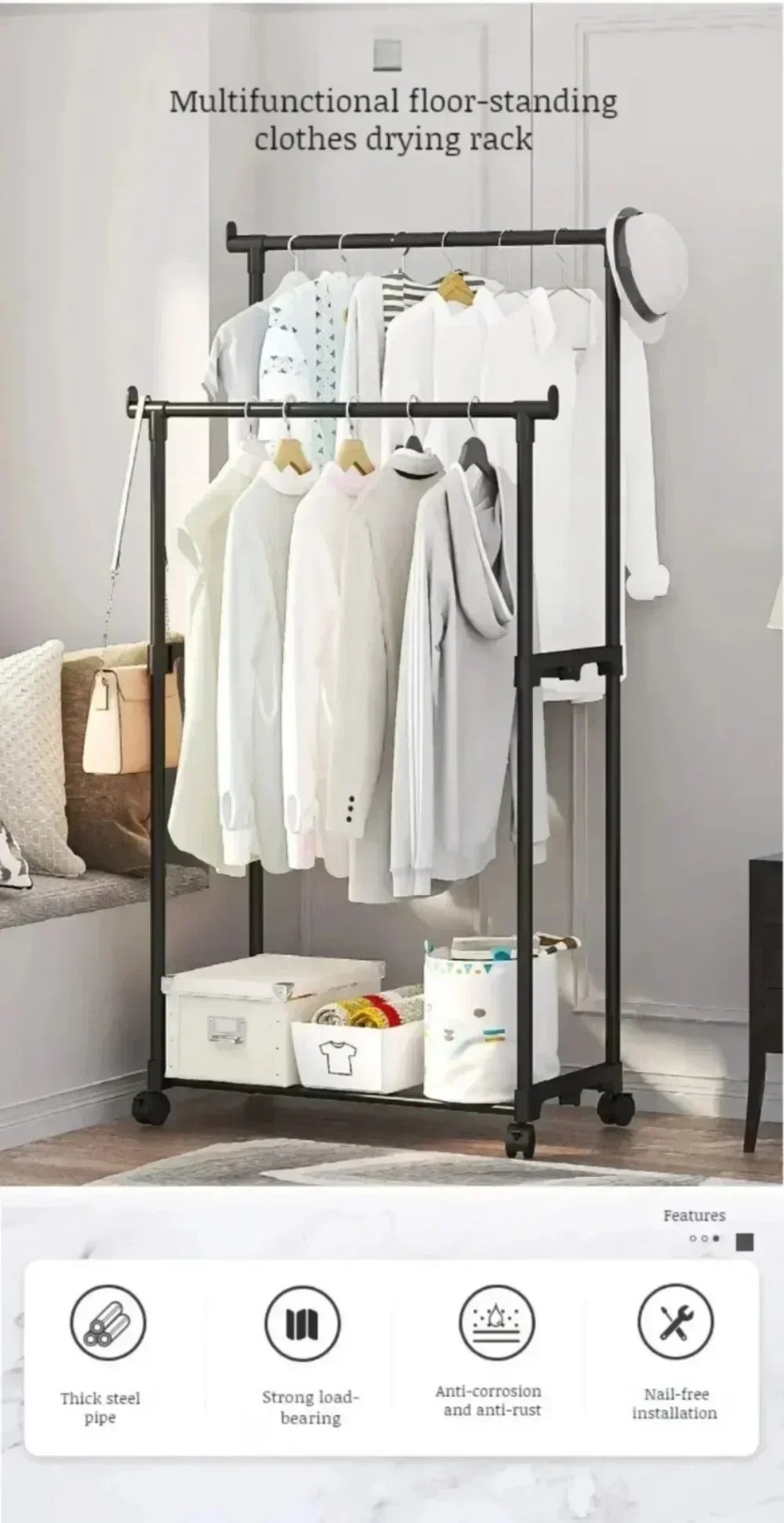 Clothes Hanger Movable and Extendable Floor Standing Wheels Bedroom Extendable Storage Household Items Living Room Furniture