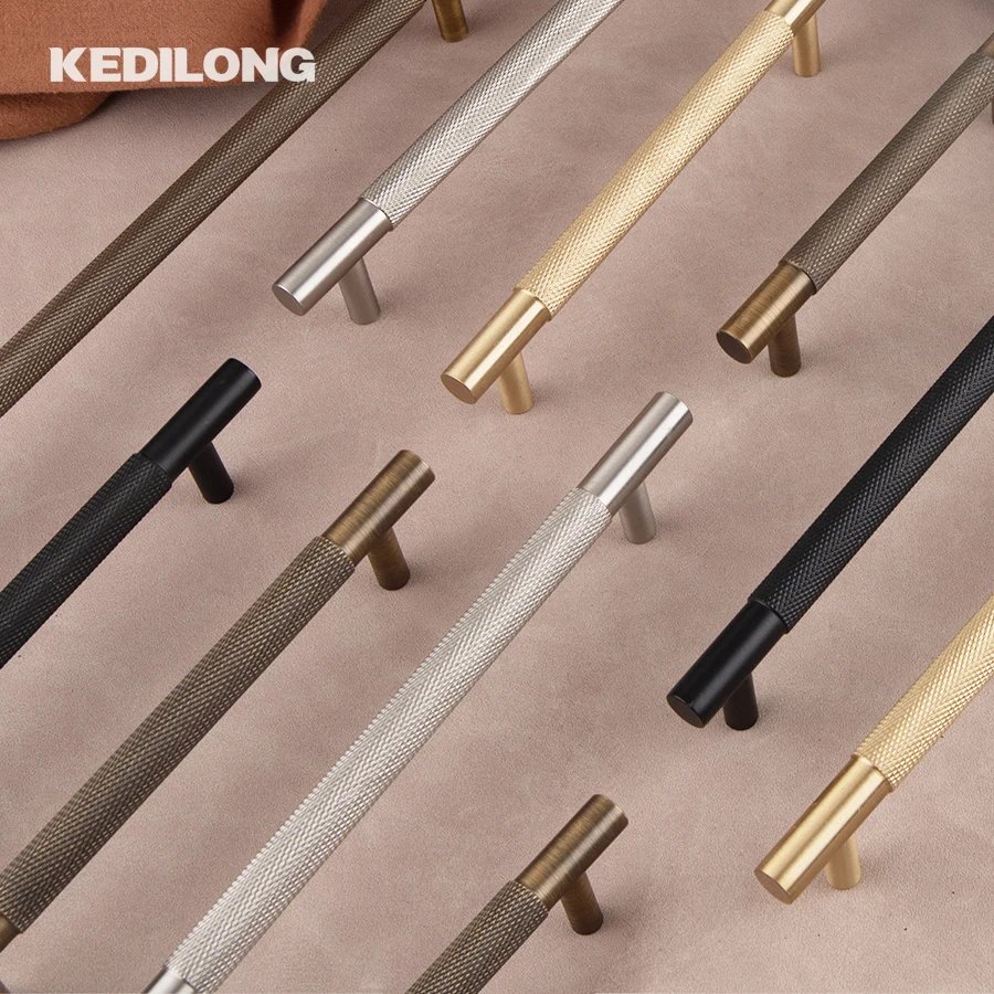 KEDLO European luxury Solid brass embossed gold 500mm long handle American retro antique drawer T-handle cabinet nickel handle