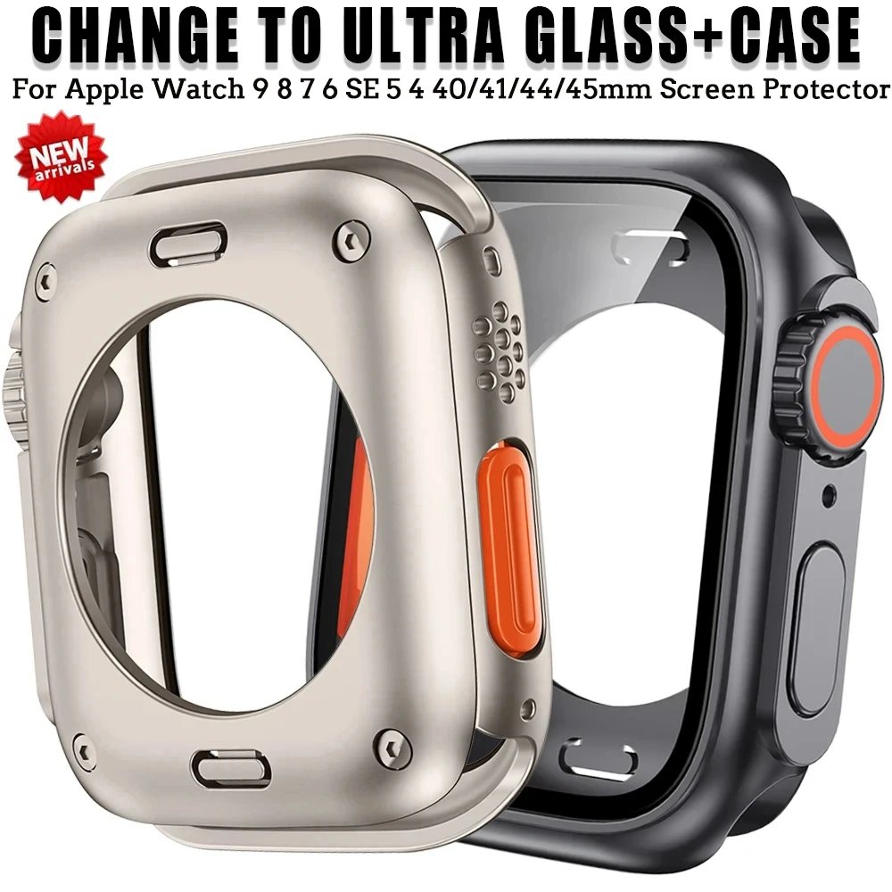 Screen Protector Cover for Apple Watch 45mm 44mm 40mm 41mm Hard PC Front Rear Bumper Case iwatch 9 8 7 SE 6 5 4 Change To Ultra