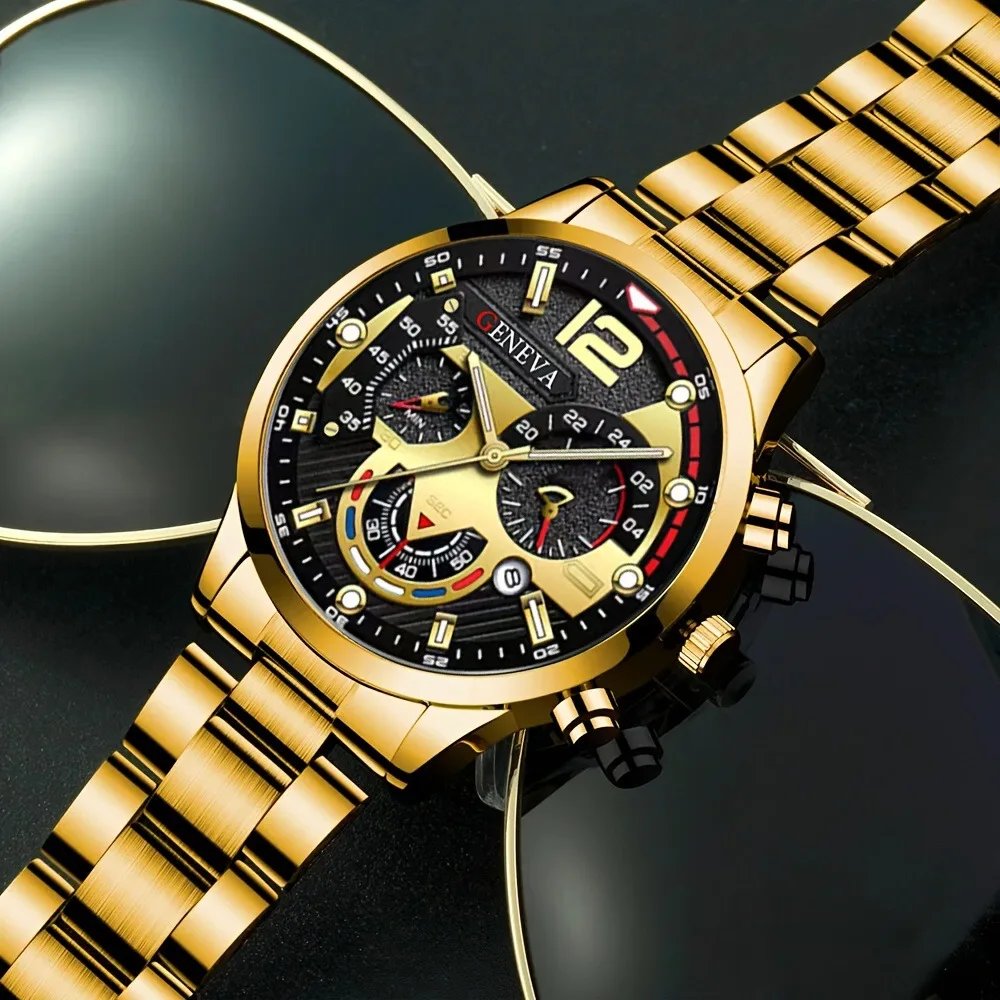 Luxury Men Business Quartz Watches 4pcs Set Gold Alloy Roman with Calendar Wrist Watch Cross Necklace Bracelet Ring Set Men Gift - Image 4