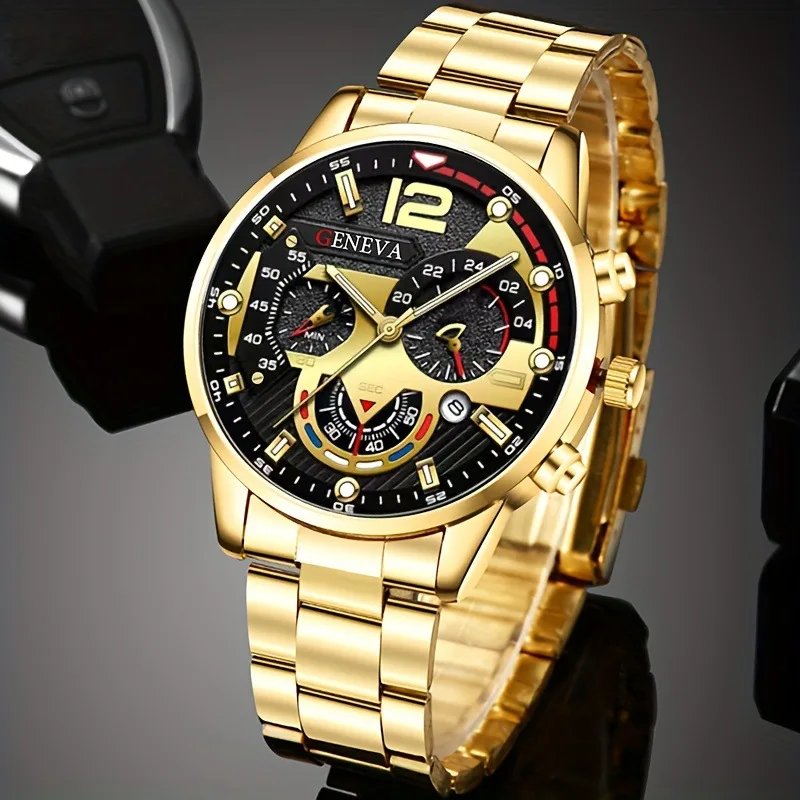 Luxury Men Business Quartz Watches 4pcs Set Gold Alloy Roman with Calendar Wrist Watch Cross Necklace Bracelet Ring Set Men Gift - Image 6