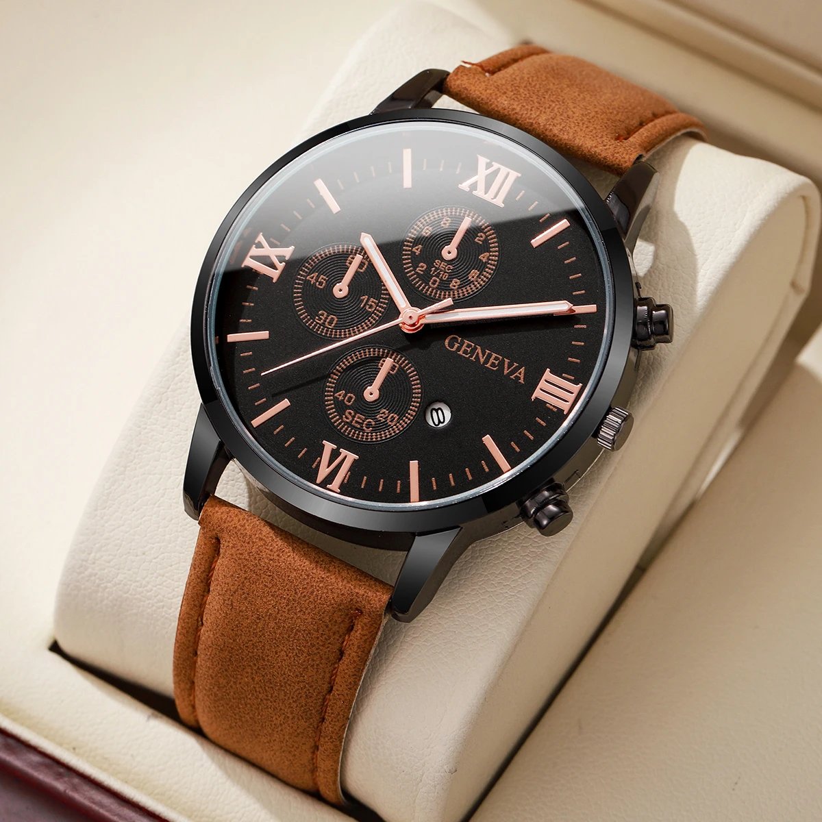 1/2PCs Men's Casual Calendar Watch Fashionable Men's Temperament Leather Quartz Watch Unisex Watch Set(Box Not Included) - Image 2