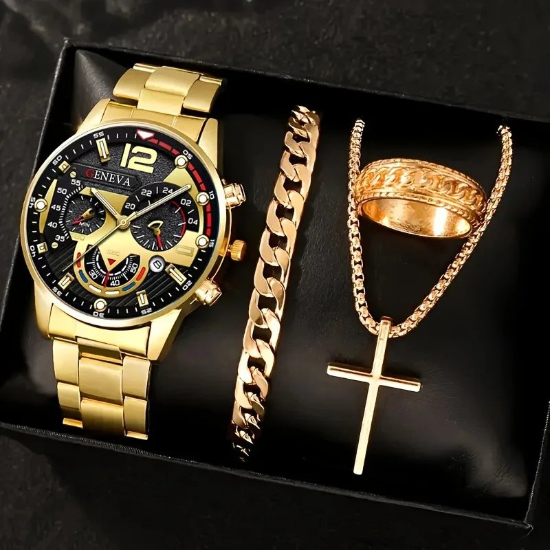 Fashion Roman Scale Quartz Wristwatch 4pcs Set Men Business Watch Fake Three Eyes Calendar Cross Necklace Bracelet Ring Set - Image 3