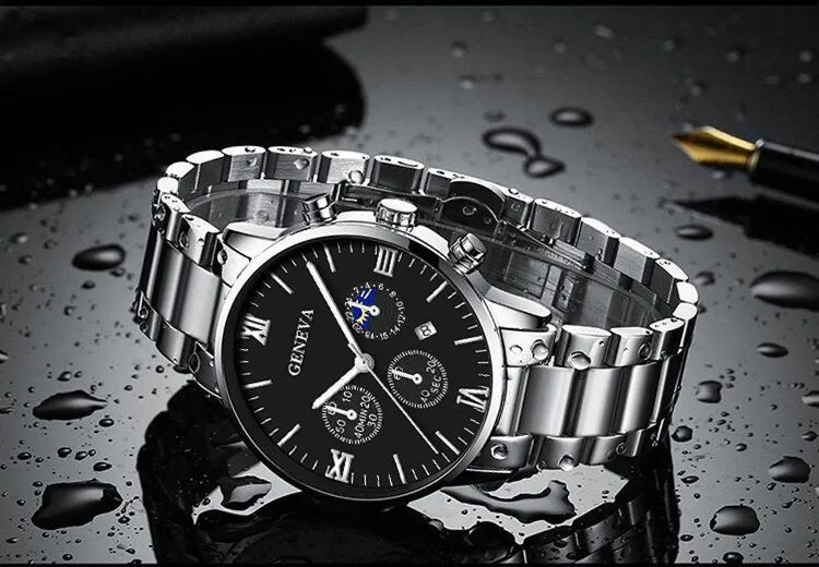 Fashion Roman Scale Quartz Wristwatch 4pcs Set Men Business Watch Fake Three Eyes Calendar Cross Necklace Bracelet Ring Set Fashion Roman Scale Quartz Wristwatch 4pcs Set Men Business Watch Fake Three Eyes Calendar Cross Necklace Bracelet Ring Set