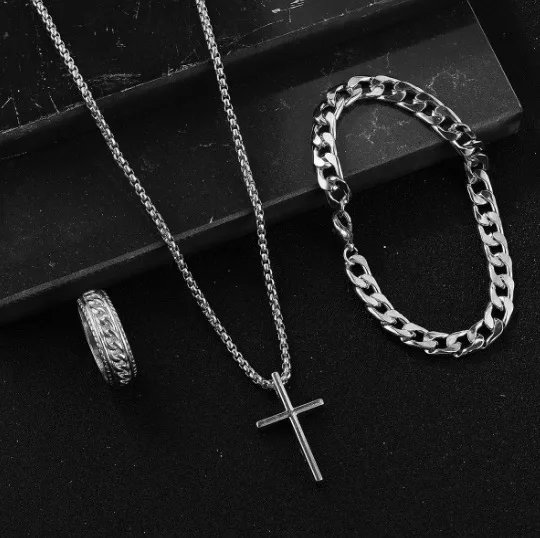 Fashion Roman Scale Quartz Wristwatch 4pcs Set Men Business Watch Fake Three Eyes Calendar Cross Necklace Bracelet Ring Set Fashion Roman Scale Quartz Wristwatch 4pcs Set Men Business Watch Fake Three Eyes Calendar Cross Necklace Bracelet Ring Set