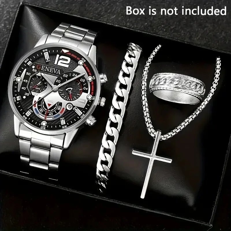 Fashion Roman Scale Quartz Wristwatch 4pcs Set Men Business Watch Fake Three Eyes Calendar Cross Necklace Bracelet Ring Set - Image 2