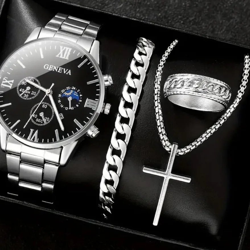 Fashion Roman Scale Quartz Wristwatch 4pcs Set Men Business Watch Fake Three Eyes Calendar Cross Necklace Bracelet Ring Set - Image 4