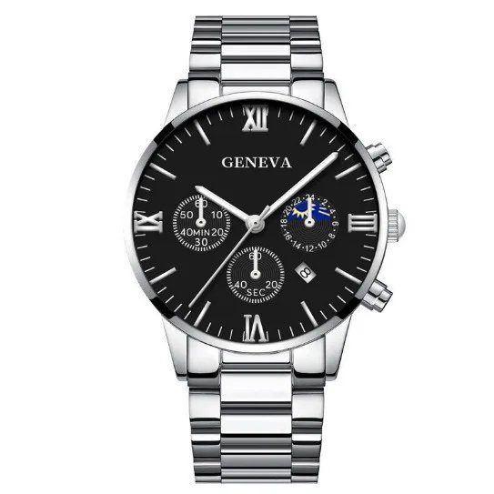 Fashion Roman Scale Quartz Wristwatch 4pcs Set Men Business Watch Fake Three Eyes Calendar Cross Necklace Bracelet Ring Set - Image 6