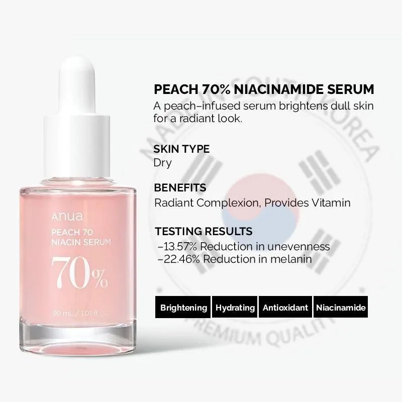 Anua Peach 70 Niacinamide Serum 30ml, Moisturizing Facial Serum, Daily Cleansing Beauty, Korean Skincare