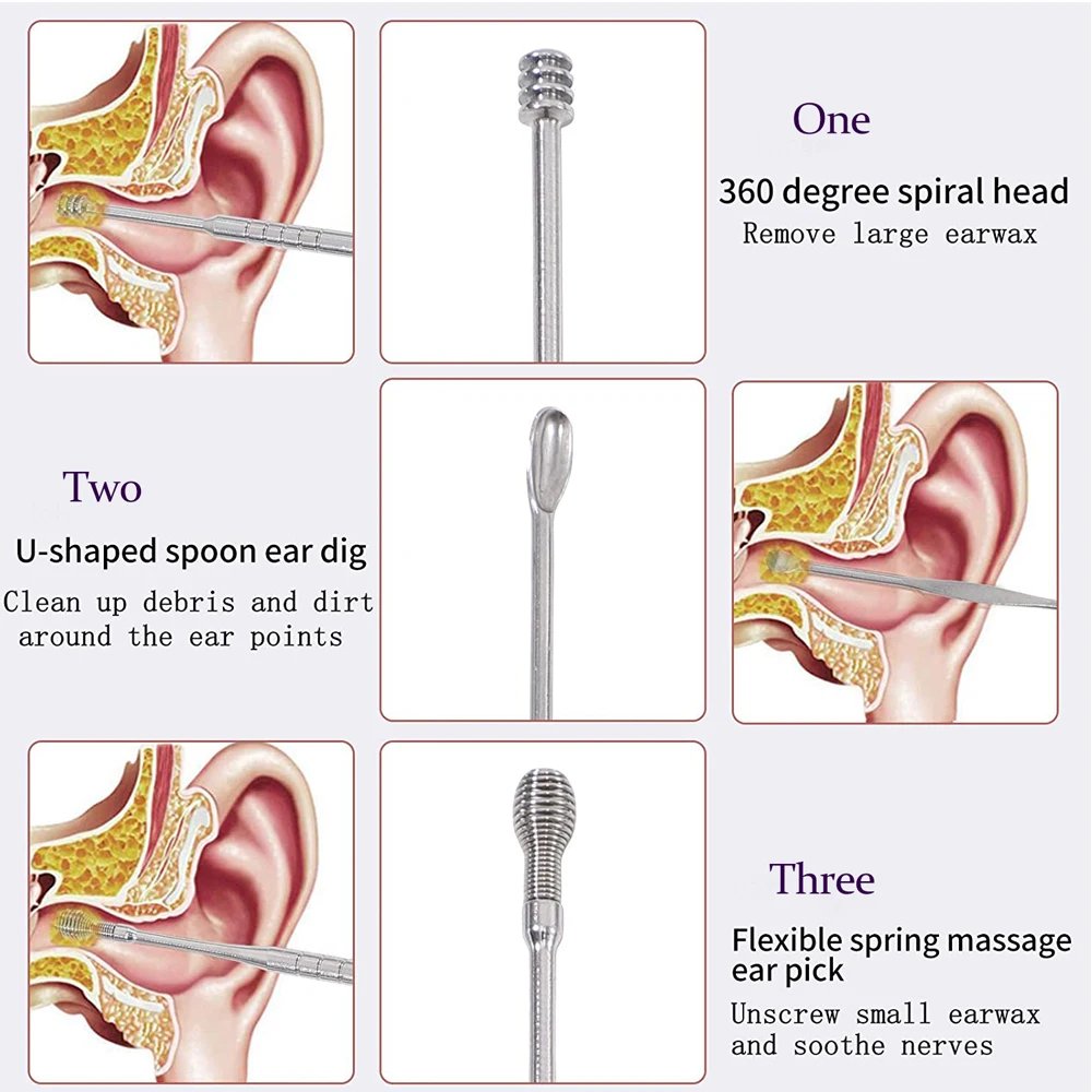 Earwax Remover Ear Cleaner Wax Removal Tool Earpick Sticks Curette Ear Pick Cleaning Ear Cleanser Spoon Health Care Earpick 6PCS