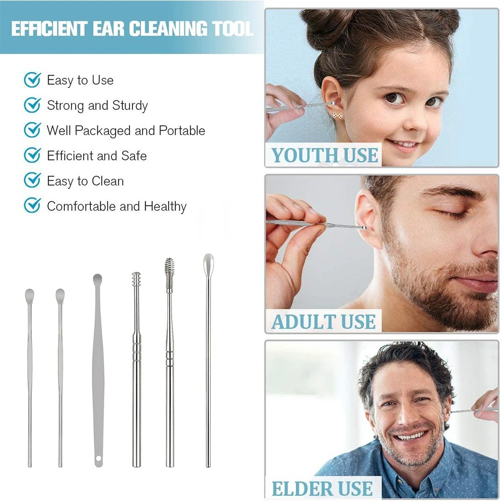 Earwax Remover Ear Cleaner Wax Removal Tool Earpick Sticks Curette Ear Pick Cleaning Ear Cleanser Spoon Health Care Earpick 6PCS