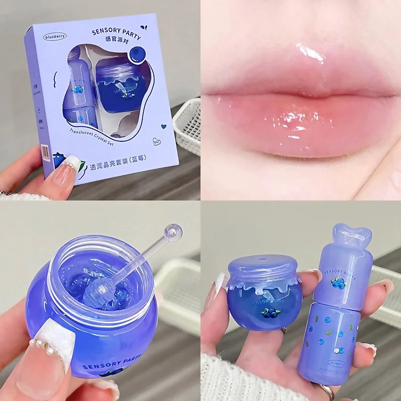Blueberry Peach Moisturizing Lip Balm Set Light Hydrating Lip Gloss Relieve Dryness and Remove Dead Skin Soothing Tender Lips