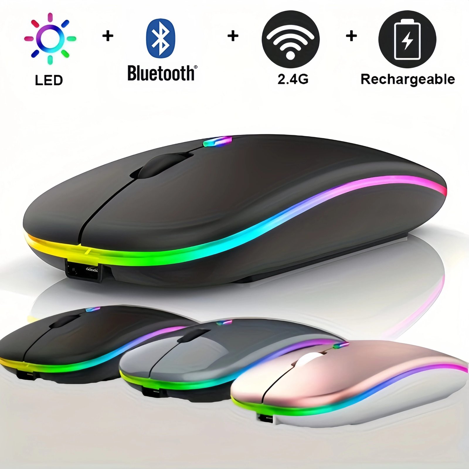 Wireless Mouse Bluetooth and 2.4GHz Dual Modes Rechargeable RGB Ergonomic Silent Click for PC iPad Laptop Cell Phone TV Wireless Mouse Bluetooth and 2.4GHz Dual Modes Rechargeable RGB Ergonomic Silent Click for PC iPad Laptop Cell Phone TV