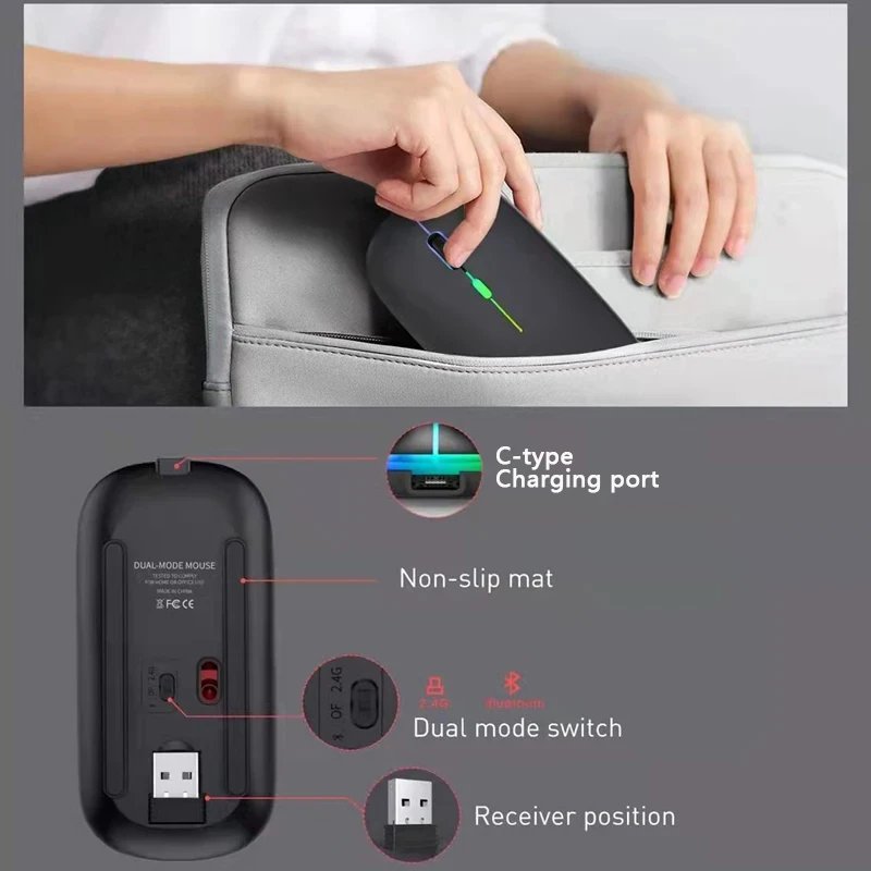 Wireless Mouse Bluetooth and 2.4GHz Dual Modes Rechargeable RGB Ergonomic Silent Click for PC iPad Laptop Cell Phone TV Wireless Mouse Bluetooth and 2.4GHz Dual Modes Rechargeable RGB Ergonomic Silent Click for PC iPad Laptop Cell Phone TV