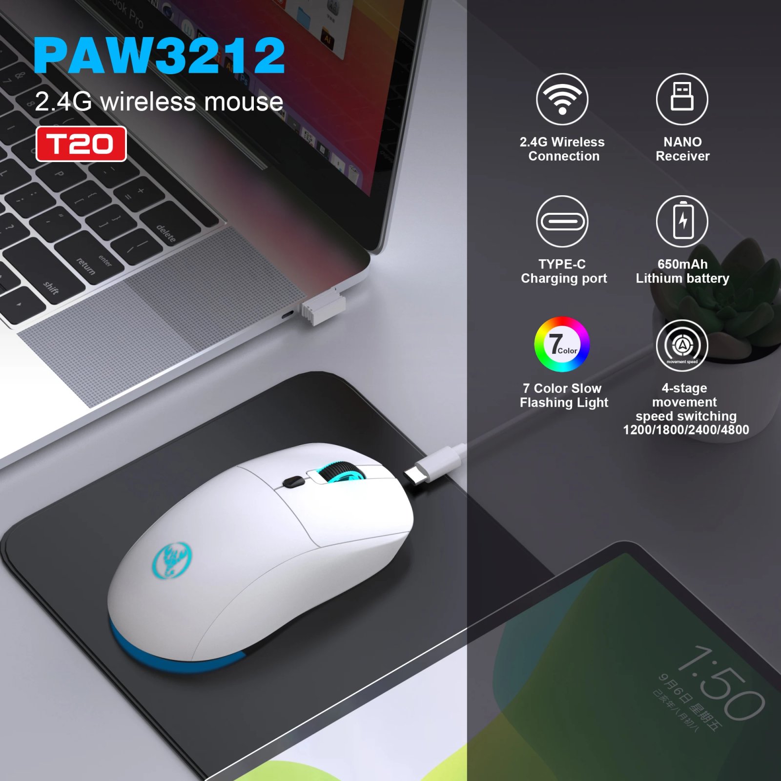 Rechargeable 2.4G USB Wireless Mouse Adjustable 3600dpi 7 Colors RGB Comfortable Mice for Home Office Laptop Computer Gamer - Image 3