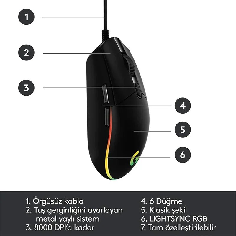 Logitech G102 Mouse USB Wired Gaming Mouse 8000 DPI Rainbow Optical Effect Screen For PC/Mac Computer and Laptop - Image 5