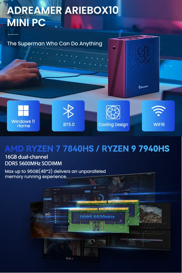 Adreamer Mini PC AriesBox AMD Ryzen R9 7940HS 8GB RAM DDR4 Desktop Computer WiFi Bluetooth Win11 OS For Business Office Adreamer Mini PC AriesBox AMD Ryzen R9 7940HS 8GB RAM DDR4 Desktop Computer WiFi Bluetooth Win11 OS For Business Office