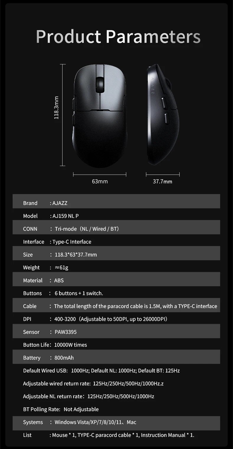AJAZZ AJ159 NL Wireless Mouse 800mAh Compatible with Games and Office PAW3395 1K Nearlink BT Wireless Mouse Laptop GiftAJAZZ AJ1