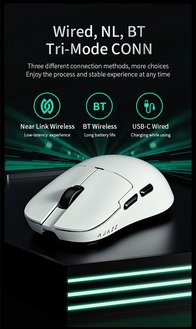 AJAZZ AJ159 NL Wireless Mouse 800mAh Compatible with Games and Office PAW3395 1K Nearlink BT Wireless Mouse Laptop GiftAJAZZ AJ1