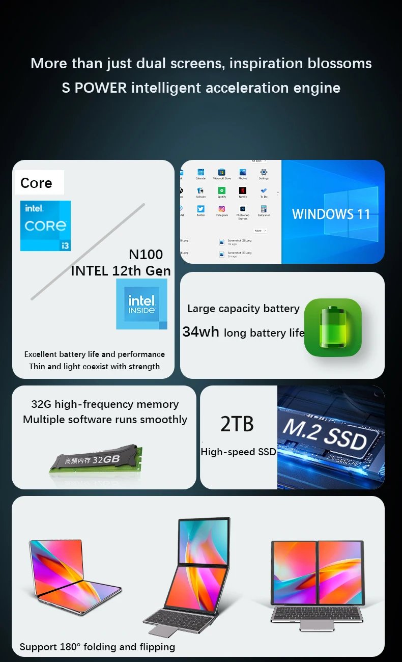 GLF-S2 10.9+10.95 Inch Dual Screen Laptop Intel i3 1215U N100 Touchscreen Notebook WIFI 6 180° flip Win11 Laptop Tablet Computer GLF-S2 10.9+10.95 Inch Dual Screen Laptop Intel i3 1215U N100 Touchscreen Notebook WIFI 6 180° flip Win11 Laptop Tablet Computer