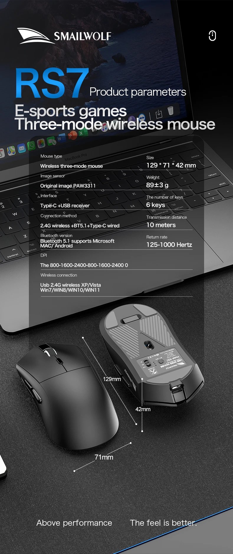 SMAILWOLF RS7 Bluetooth wireless gaming mouse three mode PAW3311 macro-definition mouse laptop gaming office
