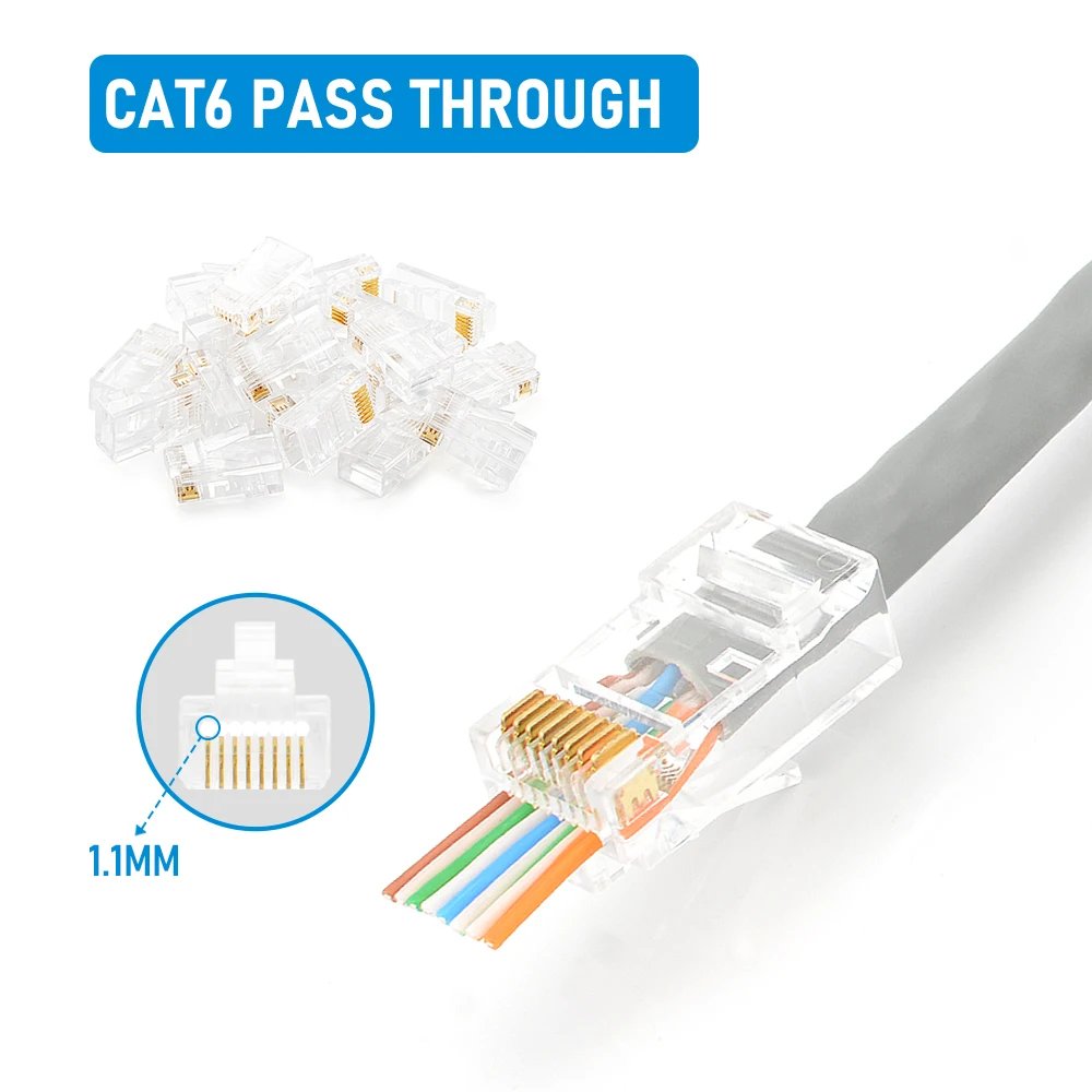 RJ45 Cat6 Pass Through Connectors and Strain Relief Boots, easy to Crimp Modular Plug for Solid or Stranded Network Cable RJ45 Cat6 Pass Through Connectors and Strain Relief Boots, easy to Crimp Modular Plug for Solid or Stranded Network Cable