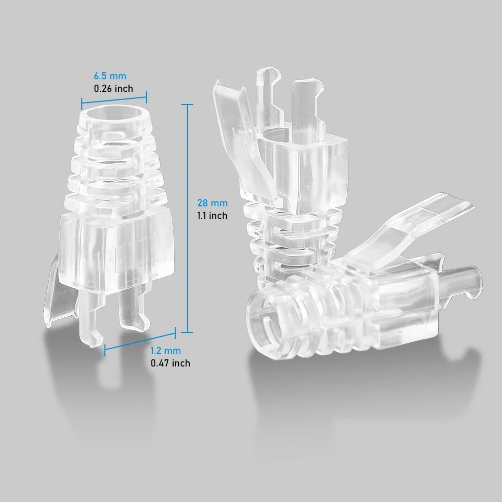 RJ45 Cat6 Pass Through Connectors and Strain Relief Boots, easy to Crimp Modular Plug for Solid or Stranded Network Cable RJ45 Cat6 Pass Through Connectors and Strain Relief Boots, easy to Crimp Modular Plug for Solid or Stranded Network Cable