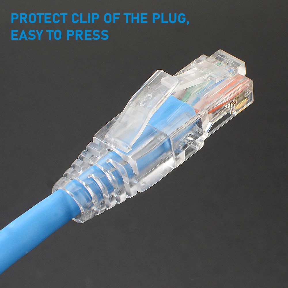 RJ45 Cat6 Pass Through Connectors and Strain Relief Boots, easy to Crimp Modular Plug for Solid or Stranded Network Cable RJ45 Cat6 Pass Through Connectors and Strain Relief Boots, easy to Crimp Modular Plug for Solid or Stranded Network Cable