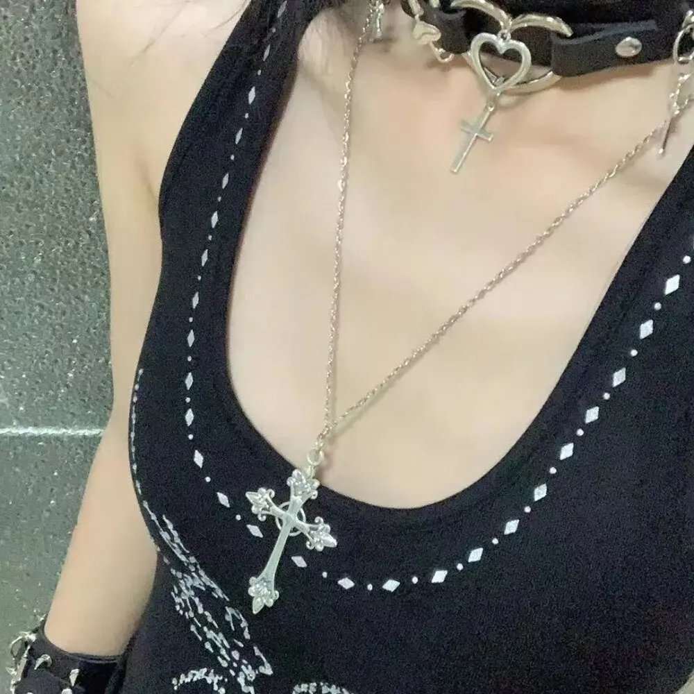 Black Rhinestone Cross Jesus Pendant Choker Necklace for Women Punk Vintage Double Layers Chain Boho Jewelry Fashion Party Gifts
