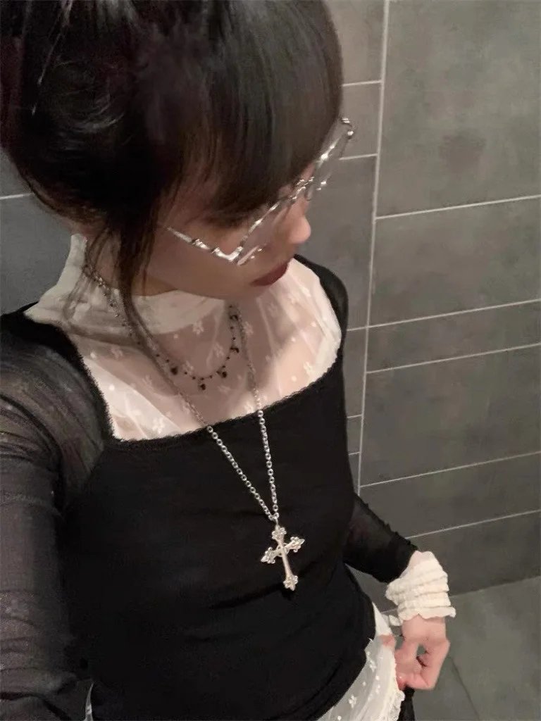 Black Rhinestone Cross Jesus Pendant Choker Necklace for Women Punk Vintage Double Layers Chain Boho Jewelry Fashion Party Gifts