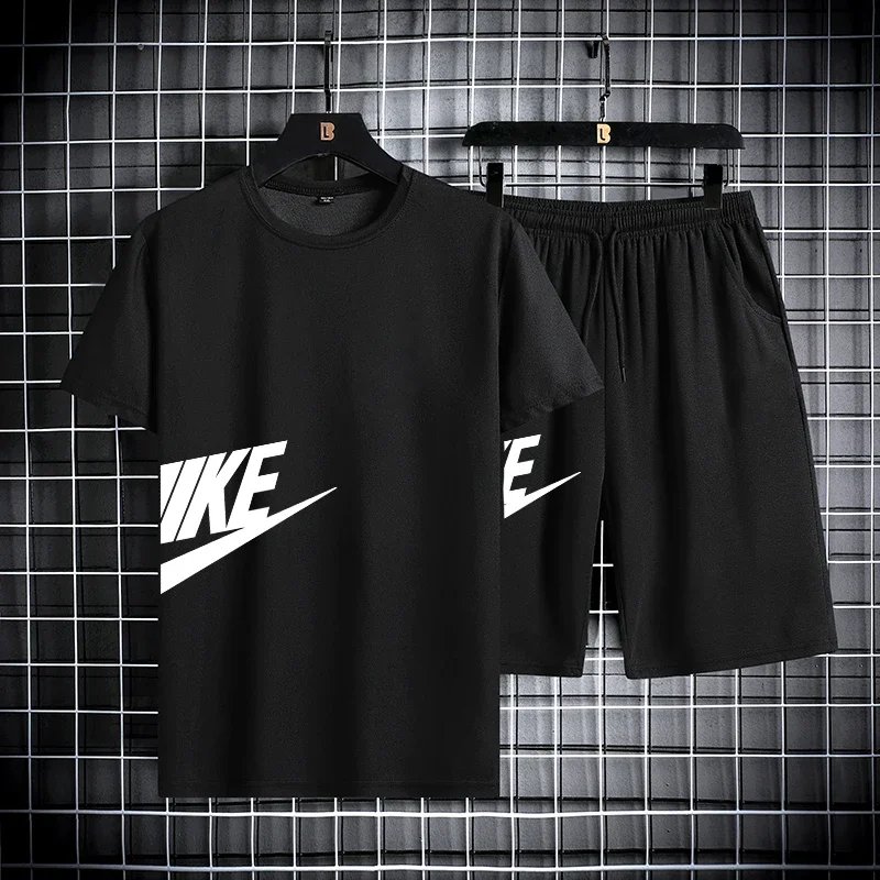2025 New Fashion Trend Men's summer short-sleeved T-shirt set, men's casual sports fitness running shorts two-piece set
