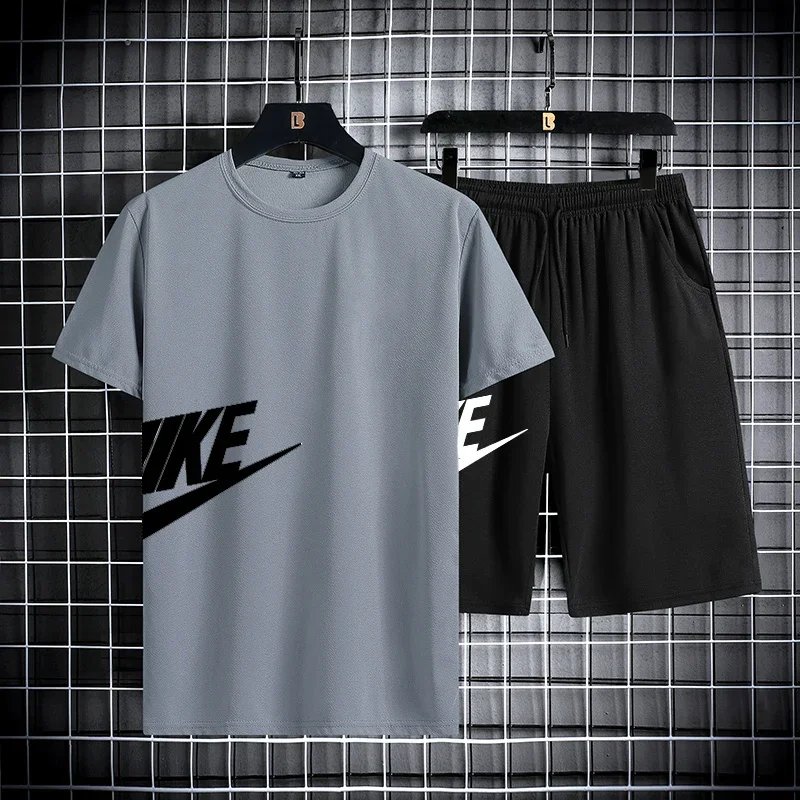 2025 New Fashion Trend Men's summer short-sleeved T-shirt set, men's casual sports fitness running shorts two-piece set