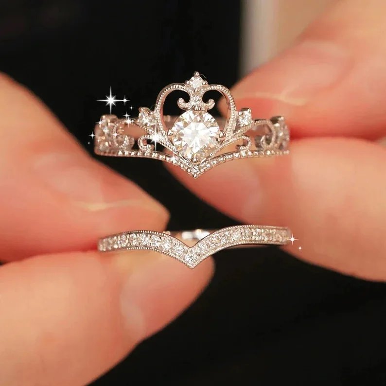 Stainless Steel 2PCS Crystal Crown Adjustable Ring Irregular Geometry Vintage Rings Set for Women Girls New Fashion Jewelry Gift - Image 4