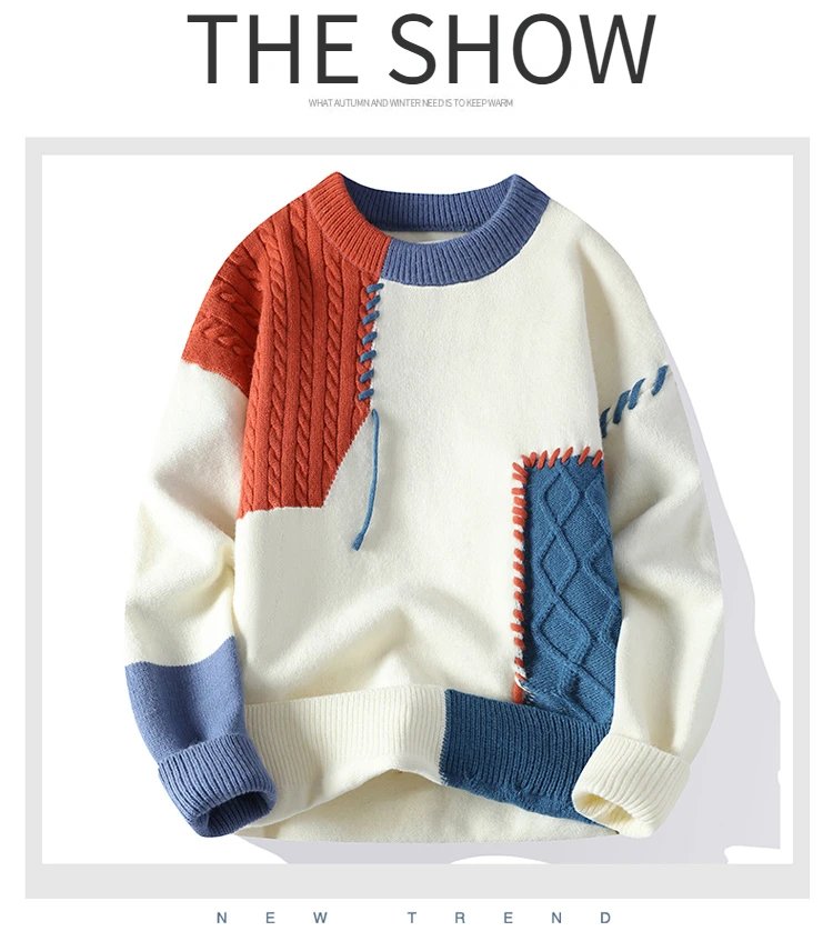 2025 Fall Winter Warm Men Sweaters Korean Style Patchwork Pullovers Round Neck Knitted Sweater Men Women Fashion Knitwear 2025 Fall Winter Warm Men Sweaters Korean Style Patchwork Pullovers Round Neck Knitted Sweater Men Women Fashion Knitwear