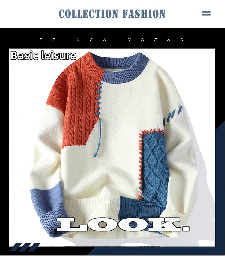 2025 Fall Winter Warm Men Sweaters Korean Style Patchwork Pullovers Round Neck Knitted Sweater Men Women Fashion Knitwear 2025 Fall Winter Warm Men Sweaters Korean Style Patchwork Pullovers Round Neck Knitted Sweater Men Women Fashion Knitwear