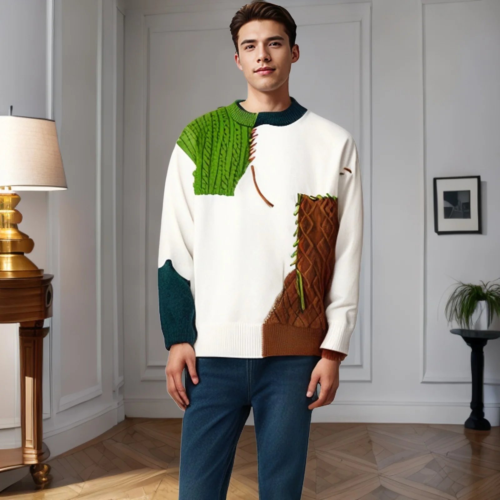 2025 Fall Winter Warm Men Sweaters Korean Style Patchwork Pullovers Round Neck Knitted Sweater Men Women Fashion Knitwear 2025 Fall Winter Warm Men Sweaters Korean Style Patchwork Pullovers Round Neck Knitted Sweater Men Women Fashion Knitwear