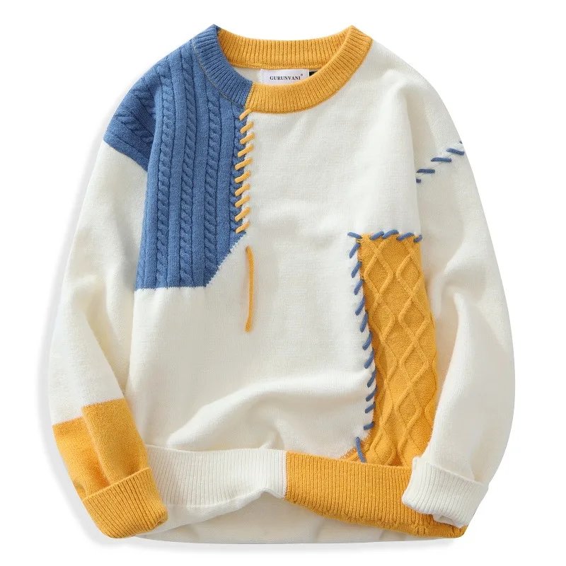 2025 Fall Winter Warm Men Sweaters Korean Style Patchwork Pullovers Round Neck Knitted Sweater Men Women Fashion Knitwear - Image 2