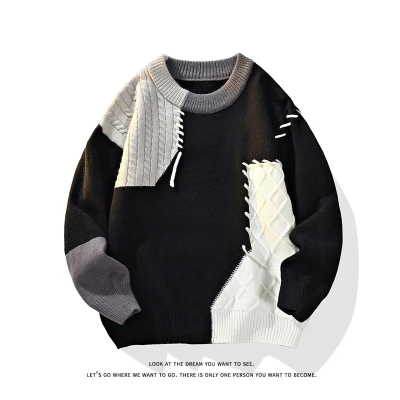 2025 Fall Winter Warm Men Sweaters Korean Style Patchwork Pullovers Round Neck Knitted Sweater Men Women Fashion Knitwear - Image 3