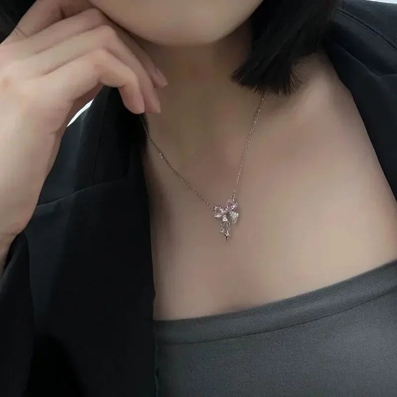 Fashion Fairy Pink Crystal Bow Knot Pendant Necklaces Y2K Girls Sweet Rhinestone Heart Clavicle Chain Women Jewelry Gifts