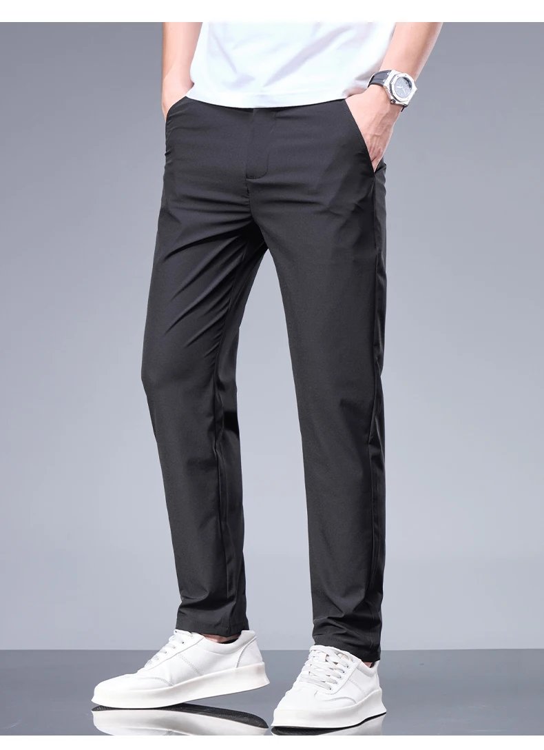 Summer New Business Ice Silk Pants Straight Elastic Waist Black Gray Trousers Breathable Simple Male Clothing Casual Suit Pants Summer New Business Ice Silk Pants Straight Elastic Waist Black Gray Trousers Breathable Simple Male Clothing Casual Suit Pants
