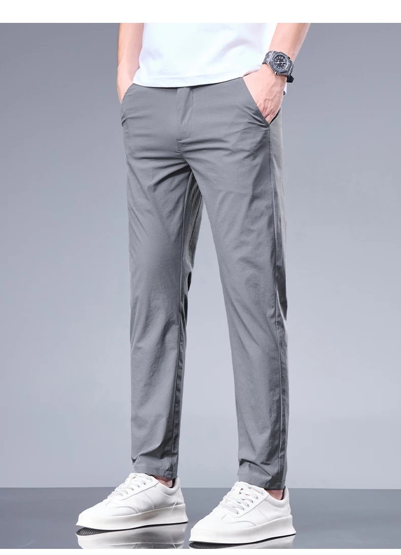 Summer New Business Ice Silk Pants Straight Elastic Waist Black Gray Trousers Breathable Simple Male Clothing Casual Suit Pants Summer New Business Ice Silk Pants Straight Elastic Waist Black Gray Trousers Breathable Simple Male Clothing Casual Suit Pants