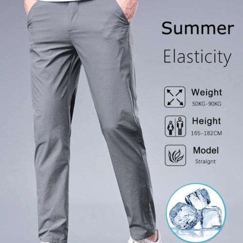 Summer New Business Ice Silk Pants Straight Elastic Waist Black Gray Trousers Breathable Simple Male Clothing Casual Suit Pants