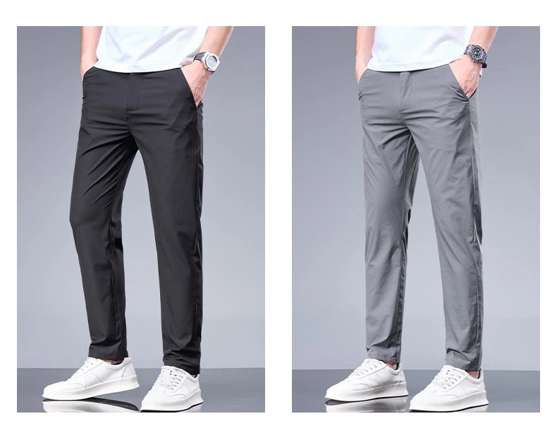 Summer New Business Ice Silk Pants Straight Elastic Waist Black Gray Trousers Breathable Simple Male Clothing Casual Suit Pants Summer New Business Ice Silk Pants Straight Elastic Waist Black Gray Trousers Breathable Simple Male Clothing Casual Suit Pants