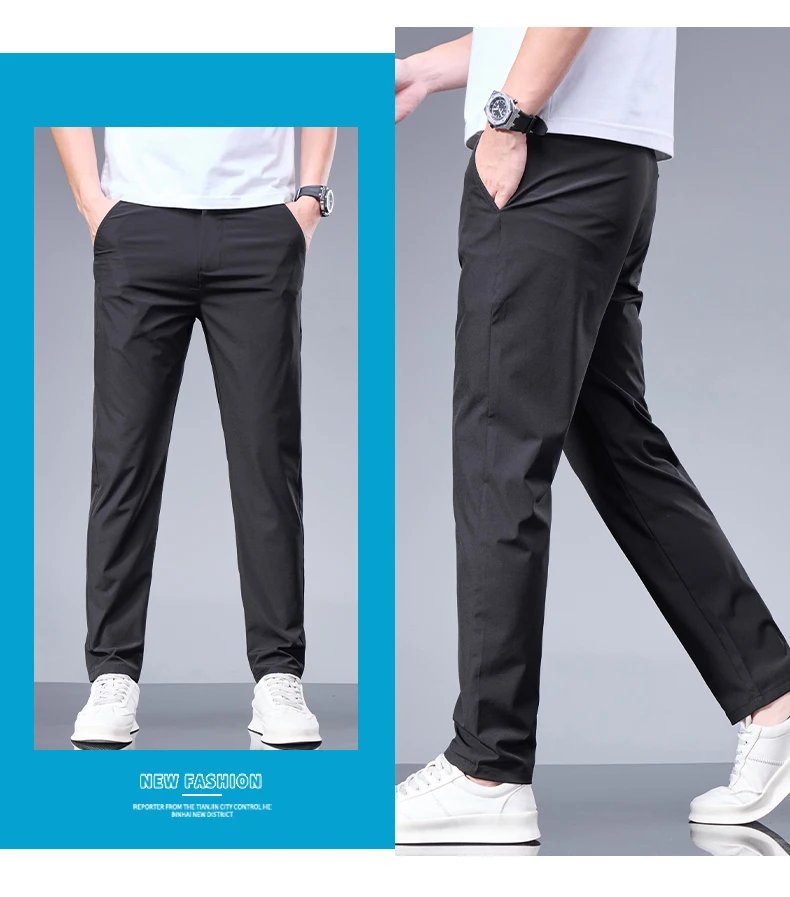Summer New Business Ice Silk Pants Straight Elastic Waist Black Gray Trousers Breathable Simple Male Clothing Casual Suit Pants Summer New Business Ice Silk Pants Straight Elastic Waist Black Gray Trousers Breathable Simple Male Clothing Casual Suit Pants