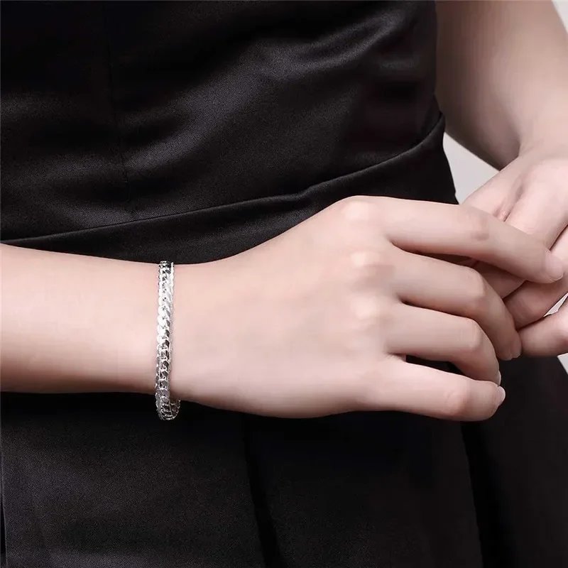 925 Sterling Silver 2 Piece Full Side Chain Necklace Bracelet Women Men Fashion Jewelry Set Wedding Gift