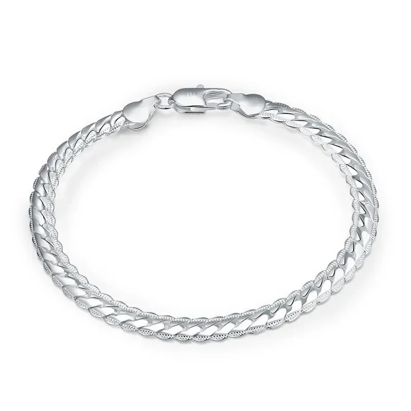 925 Sterling Silver 2 Piece Full Side Chain Necklace Bracelet Women Men Fashion Jewelry Set Wedding Gift