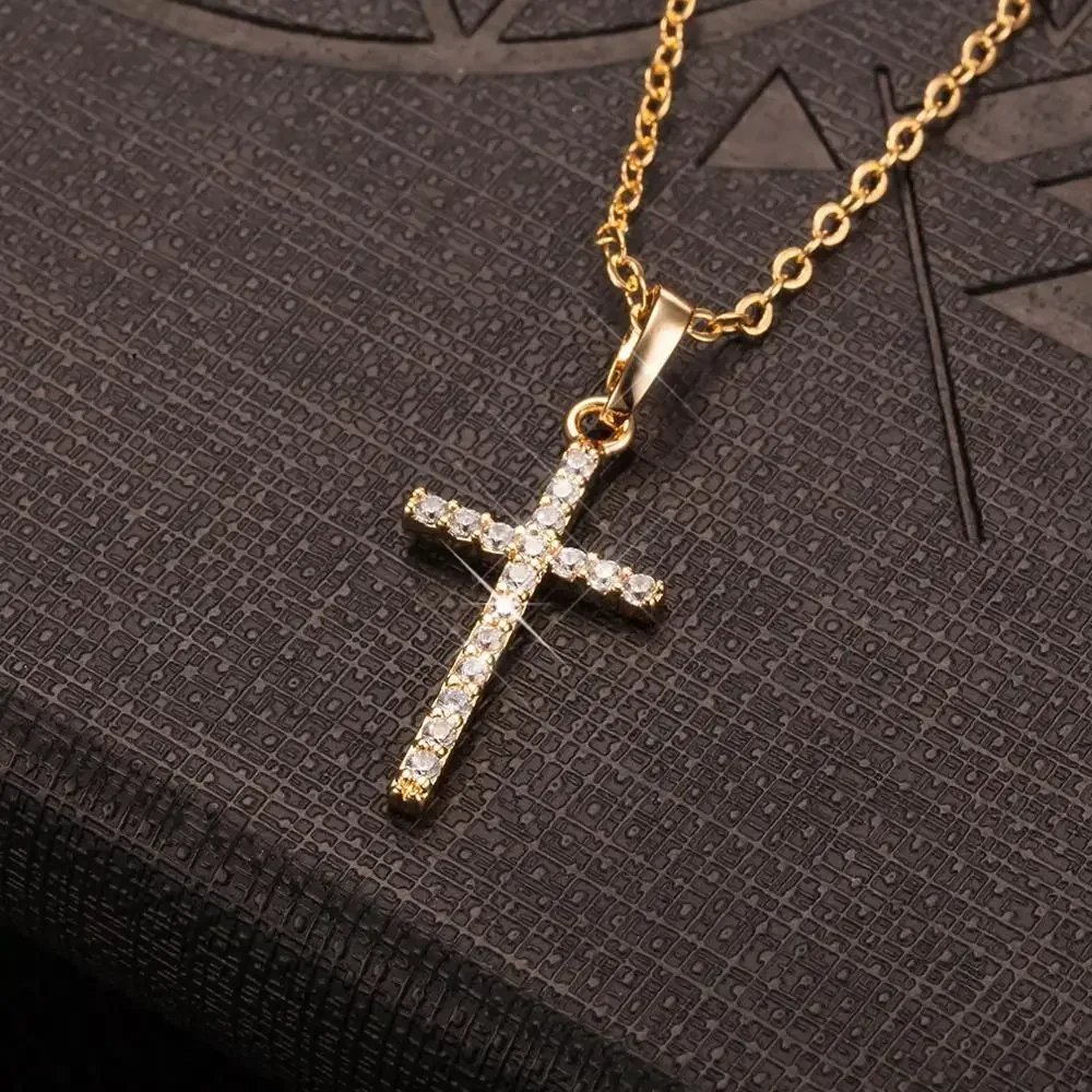 Luxury Zircon Cross Pendants Necklace Fashion Light Golden Silver Color for Men Women Jewelry Chain Accessory - Image 3