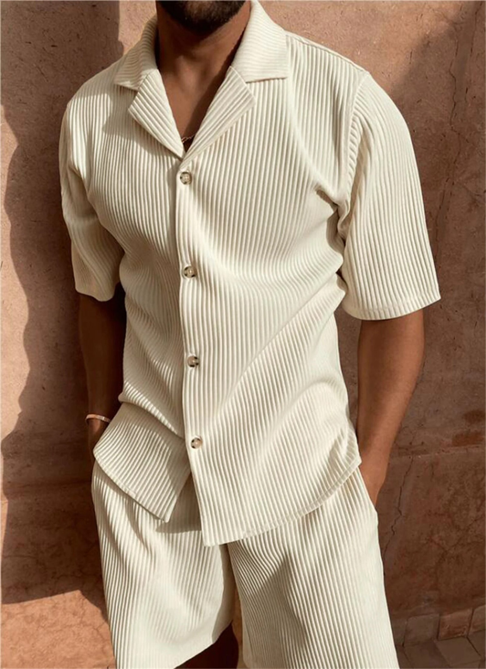Spring/Summer suit Solid color corduroy shorts sleeve shirt and shorts stretch beach casual suit Spring/Summer suit Solid color corduroy shorts sleeve shirt and shorts stretch beach casual suit