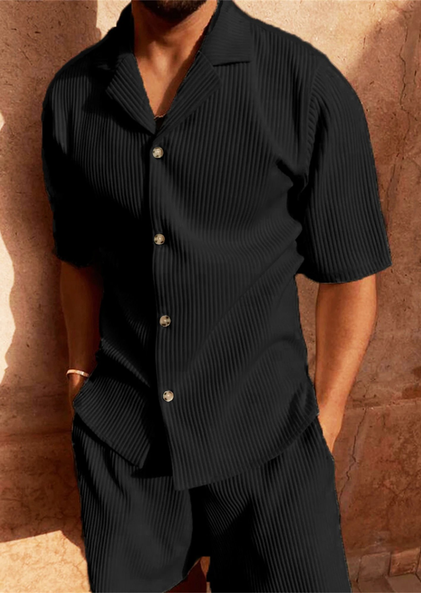 Spring/Summer suit Solid color corduroy shorts sleeve shirt and shorts stretch beach casual suit Spring/Summer suit Solid color corduroy shorts sleeve shirt and shorts stretch beach casual suit