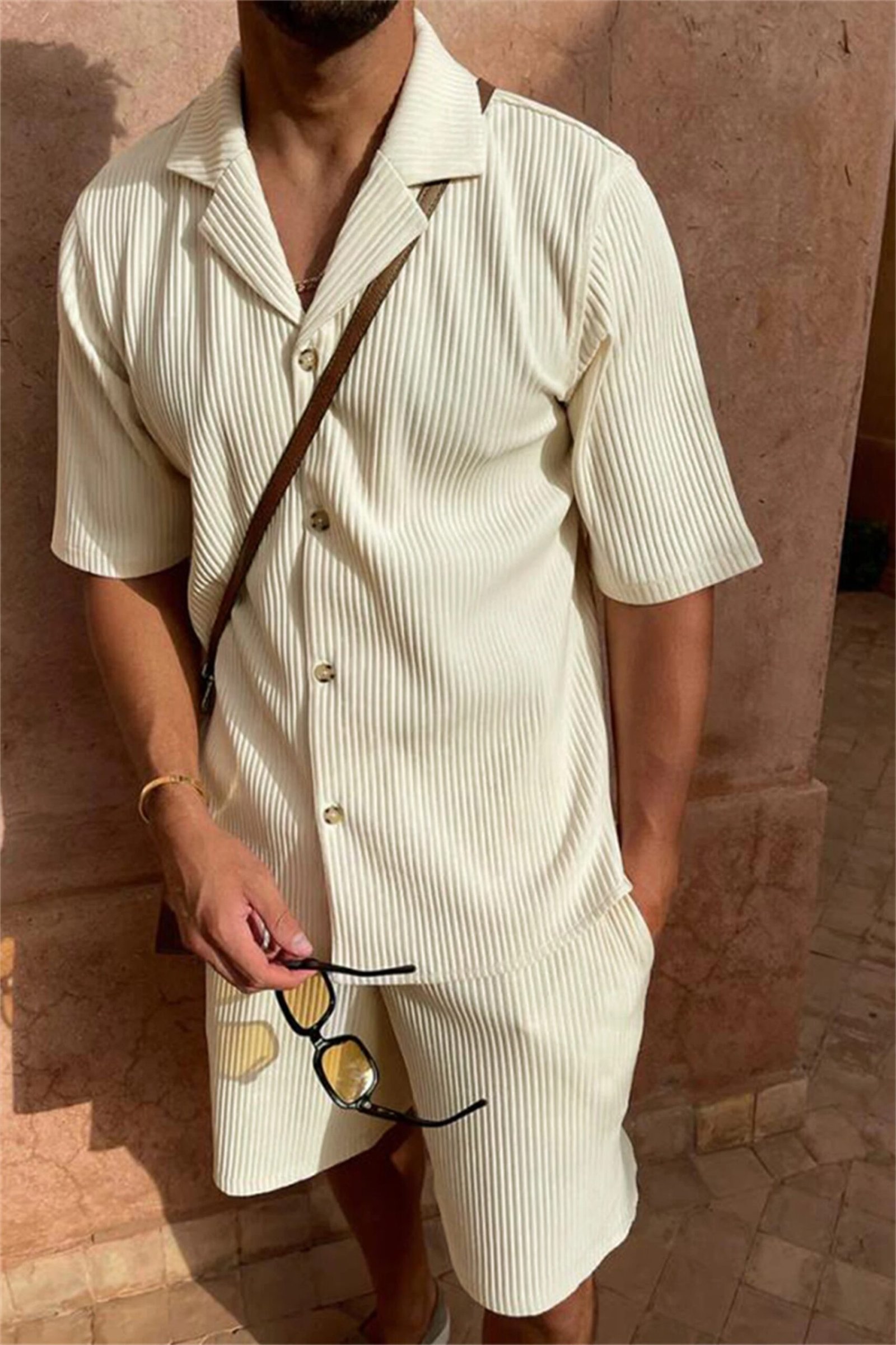 Spring/Summer suit Solid color corduroy shorts sleeve shirt and shorts stretch beach casual suit - Image 4
